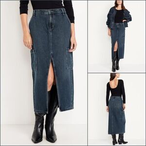 Old Navy 90s Cargo Denim Maxi Ankle Column Skirt Anika 16 Utility Edgy Mid Rise